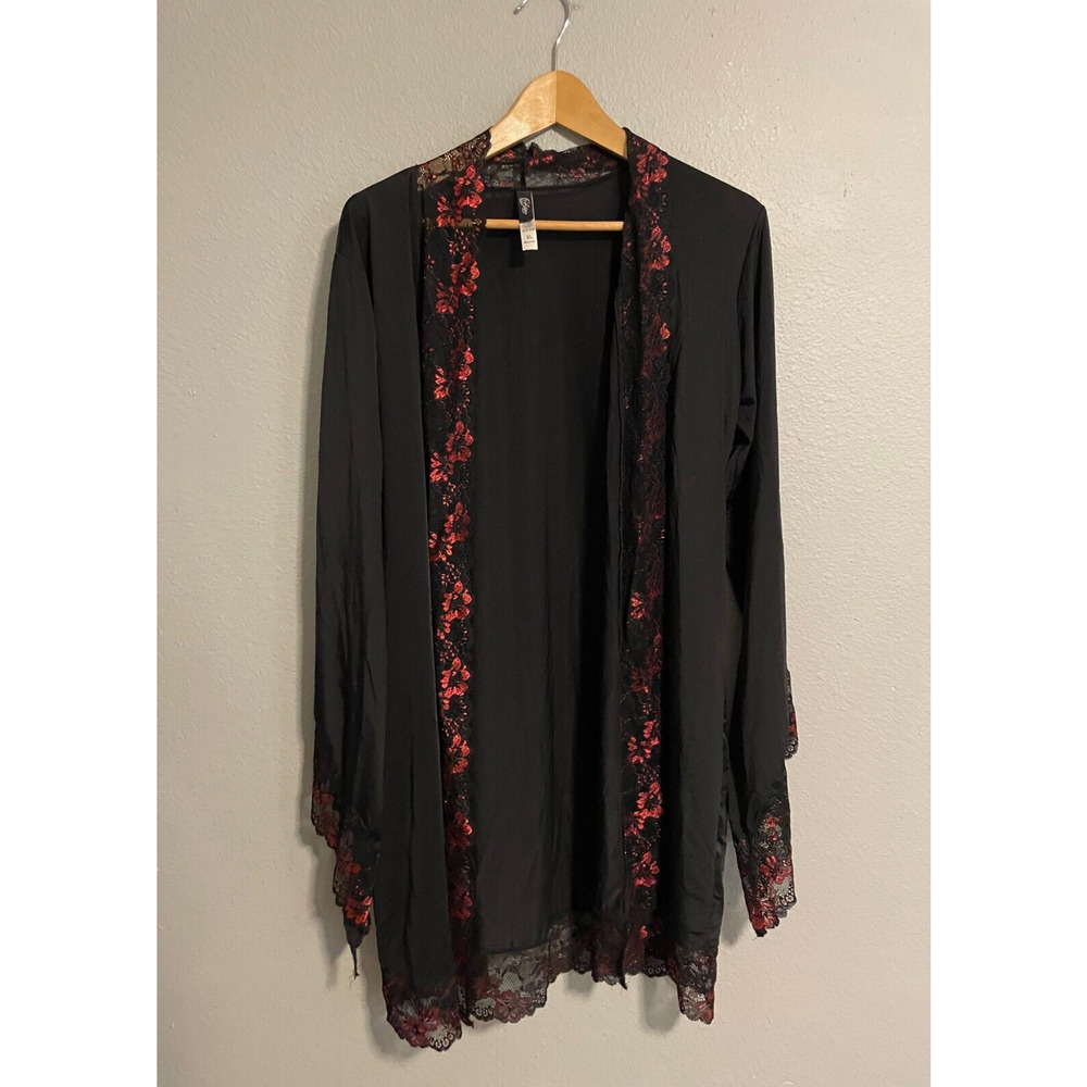 Forplay Womens Kimono Robe XL Black Satin Red Floral Lace Stretch Sexy Lingerie